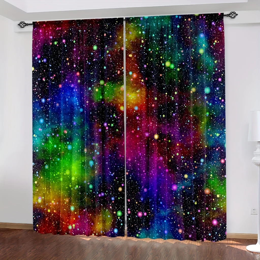 2pcs Colorful Galaxy Curtains, Outer Space Universe Starry Sky Star Printed Curtains, For Living Room Kitchen Bedroom Home Decor