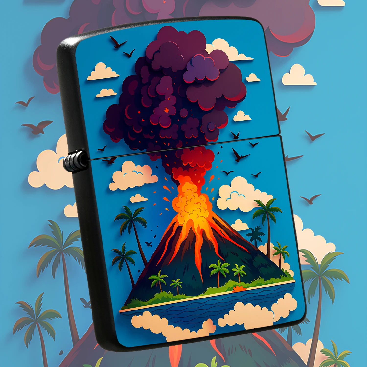 Creative Volcano Eruption Lighter, Exquisite Paper-Cut Style Tropical Island Pattern, Portable Decorative Accessory For Daily Outdoor Use, Unique Artistic Gift For Friends And Hobbyists, Applicable For All Scenarios Interesting And Humorous