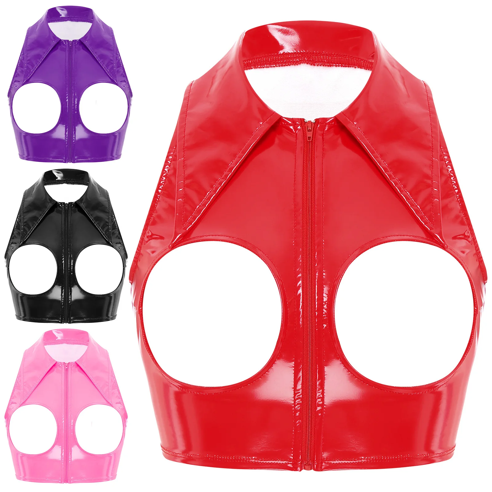 Sissy ผู้หญิง PU หนังเปิดเต้านม Crop Top แขนกุด Backless Cutout Zipper Tank Top ดูเปียกชุดชั้นในหัวนมสัมผัส Bra Tops