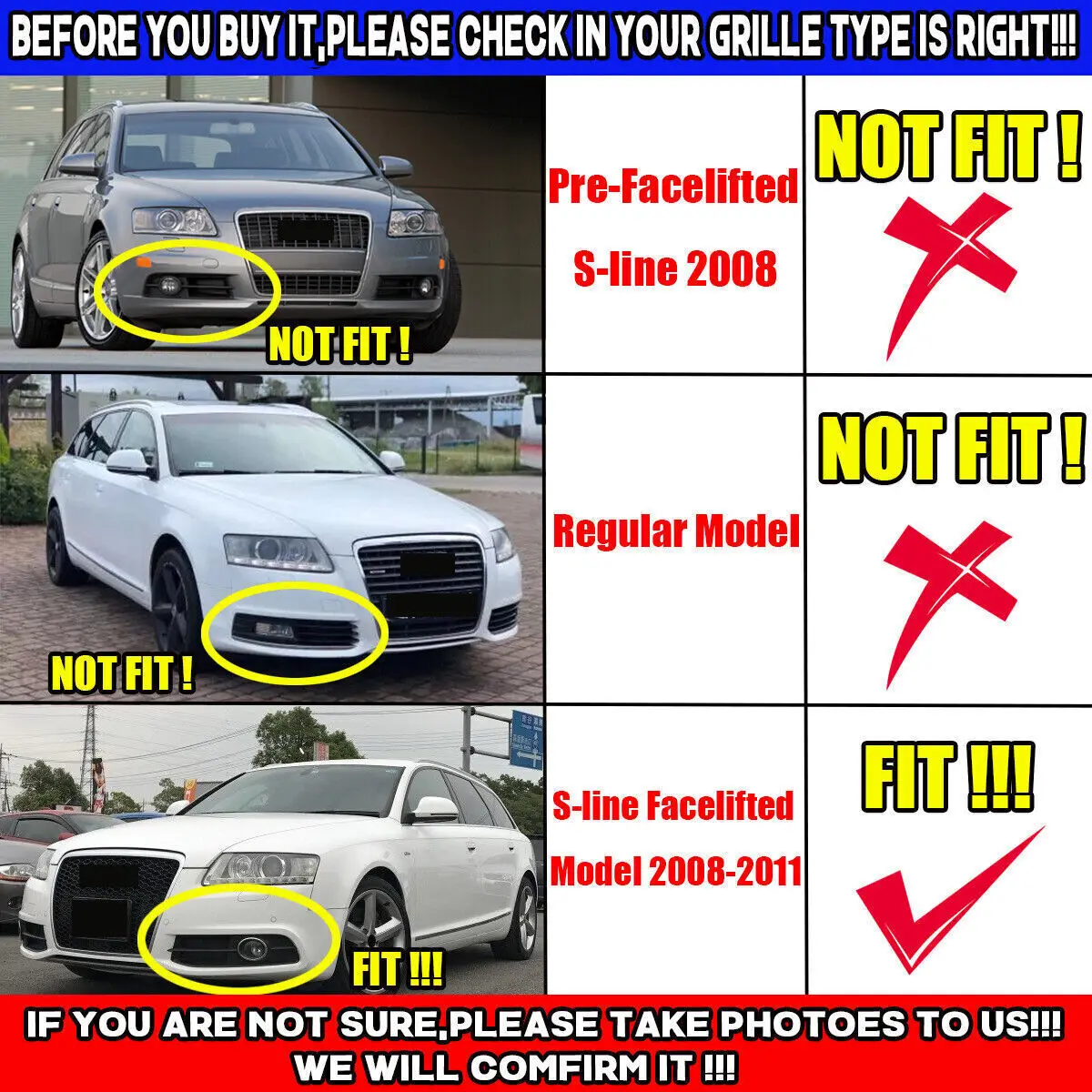 Osłony świateł przeciwmgielnych do Audi A6 C6 S-line 2008 2009 2010 2011 Przedni zderzak Osłona świateł przeciwmgielnych Ramka Kratka Czarna Para