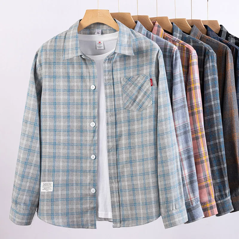 Fashion Korean Popular Clothes 35%Cotton Plaid Long Sleeve Shirts for Man Slim Fit Formal Plain Shirt Trend Casual Elegant tops