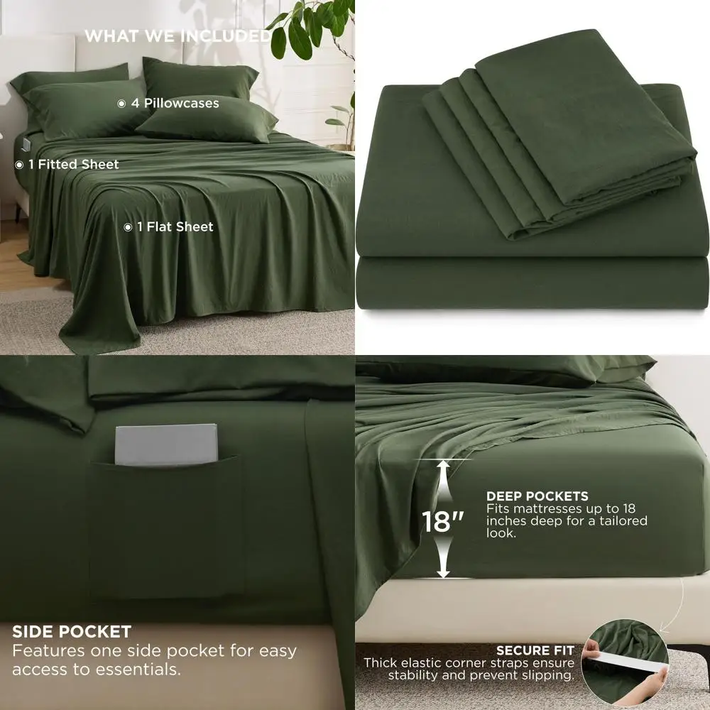 

Ultra-Soft 6-Piece Queen Sheet Set, Pre-Washed, Fits Mattresses to 18, Breathable & Secure, Hotel-Quality, Olive Green