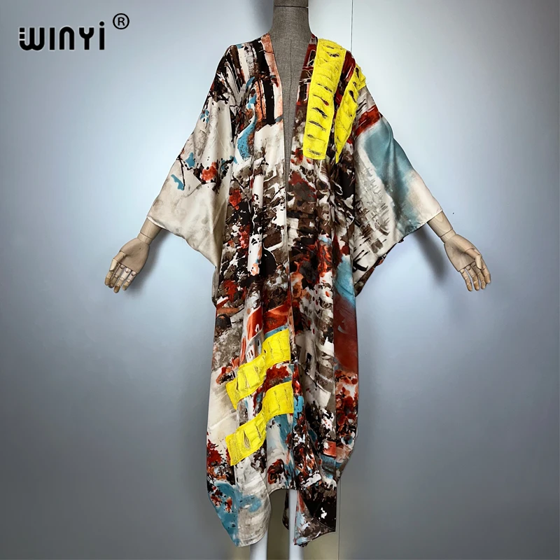 WINYI summer printed Women Cardigan Long Dress elegant Boho loose beach Cover Up Kimonos abaya dubai luxury muslim coat