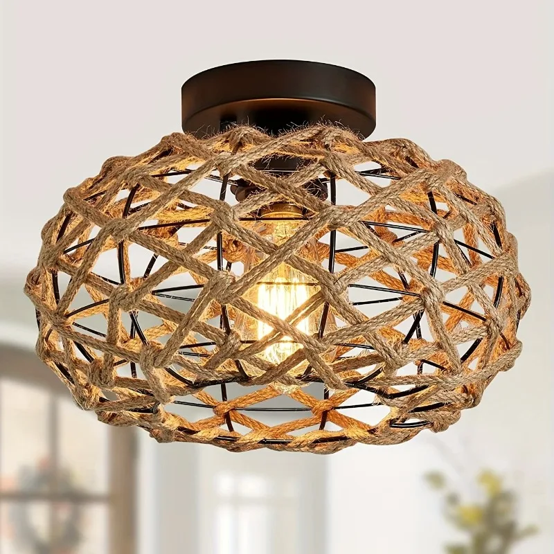 

Oho Chic Hemp Rope Ceiling Light - Woven Rattan Wicker Accents - Semi Flush Mount Retro Fixture for Kitchen Bedroom Hallway
