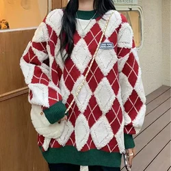 Korean Fashion Pink Rhombus Soft Waxy Sweater Autumn Winter Coat Casual Loose Retro Knitted Chic Design Sweater Y2k Clothes