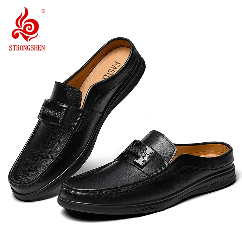 

STRONGSHEN Summer Slip on Half Shoes for Men Leather Slippers Casual Breathable Comfy Genuine Leather Slippers Loafer Moccasins