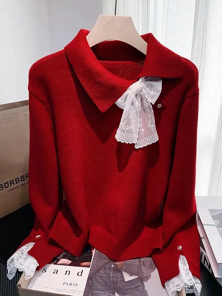 

Lazy Wind Knit Sweater Women Lace Bow Patchwork Long Sleeve Bottoming Pullovers Loose Casual Preppy Sweet French Chic Jumpers