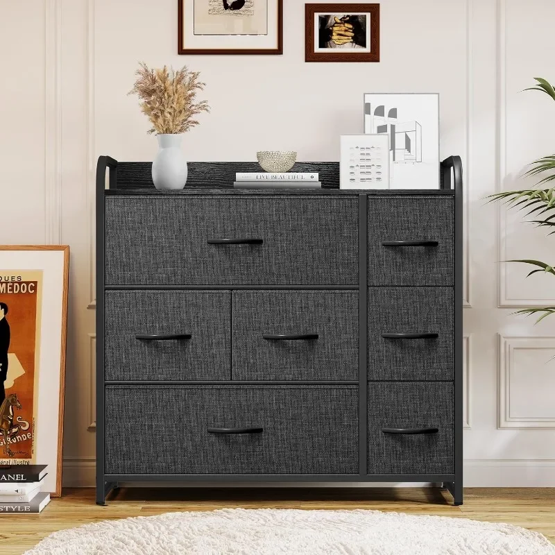 Fabric Vanity with 7 Drawers - Large Capacity Storage Tower, Organizer Unit for Living Room - Sturdy Steel Frame, Easy To Pull