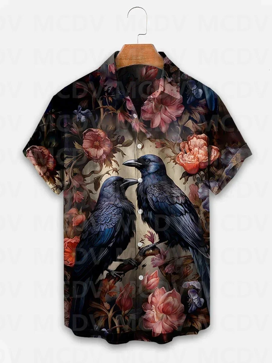 

2024 Fashion Casual Fun Retro Slim Fit Bird Feather Dark Blue Halloween Crow Print Casual Shirt Men's Women's Short Sleeve Shirt