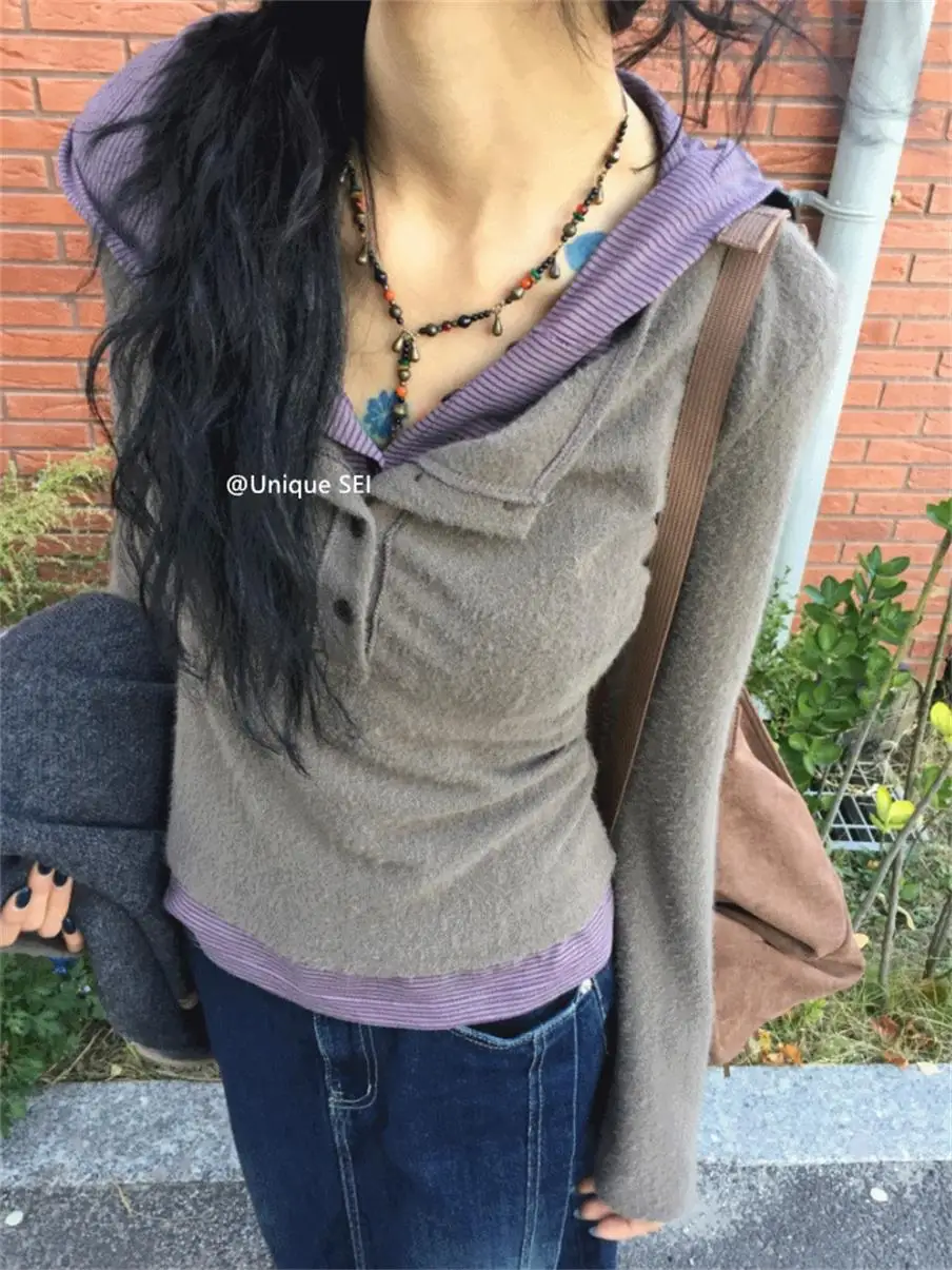 

Корейская простая плюшевая футболка из двух предметов с длинными рукавами и капюшоном, весна-осень, новая облегающая уличная одежда, женский эстетический топ Y2k