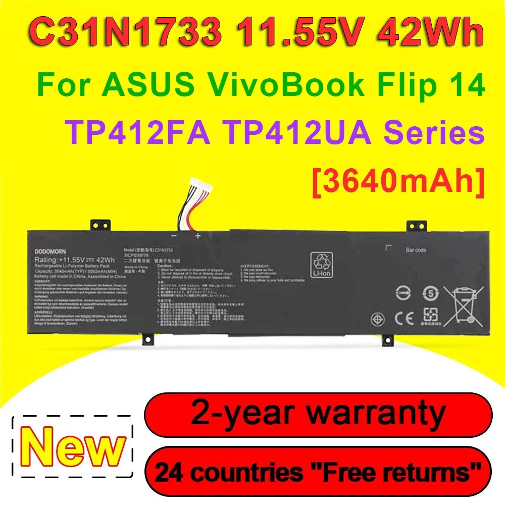 C31N1733 Battery For ASUS VivoBook Flip 14 TP412FA TP412UA EC034T Series Laptop Batteries 11.55V 42Wh In Stock Fast Shipping