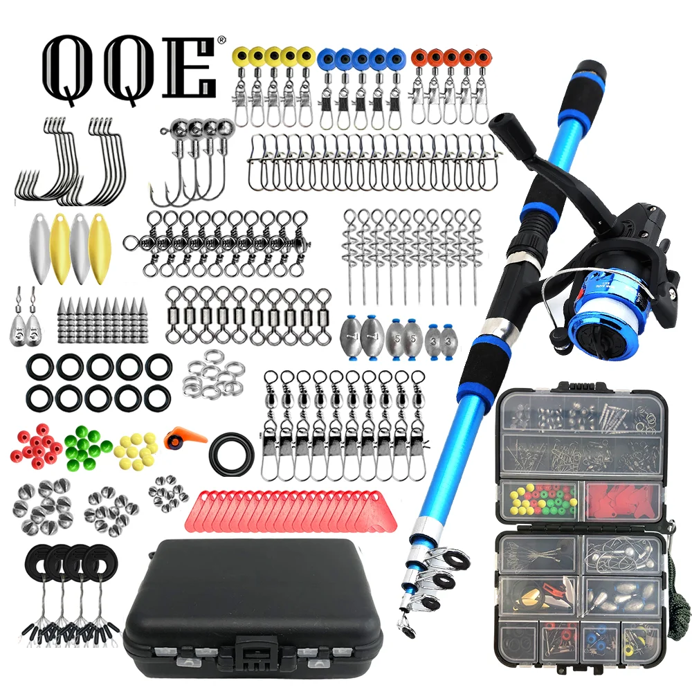 QQE 217Pcs Portable Fishing Travel Kit with Telescopic Rod Various Hooks Tackle Accessories for Freshwater and Saltwater Fishing