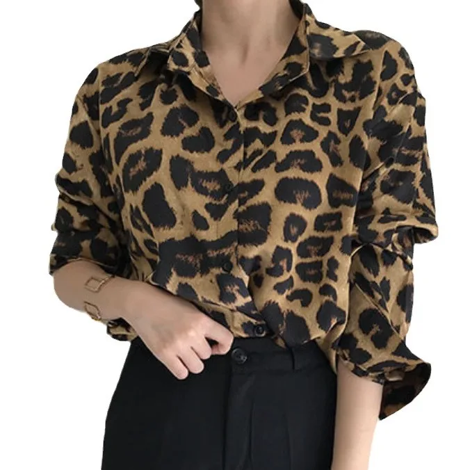 Women Shirt Leopard Print Blouses Vintage Full Sleeve Casual Loose Tops Shirts Work Y2k Streetwear Elegant Splice Blouse