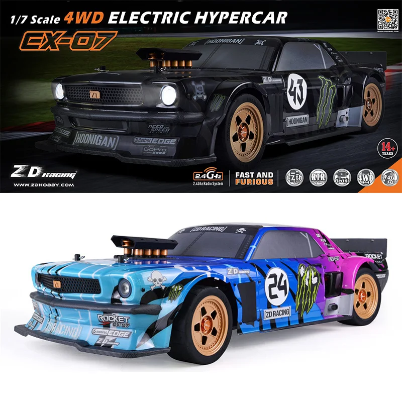 ZD Racing EX-07 1:7 SCALE 4WD ELECTRIC HYPERCAR 130KM/H High-Speed Brushless Supercar Simulation Headlight Drift Car KIT/RTR