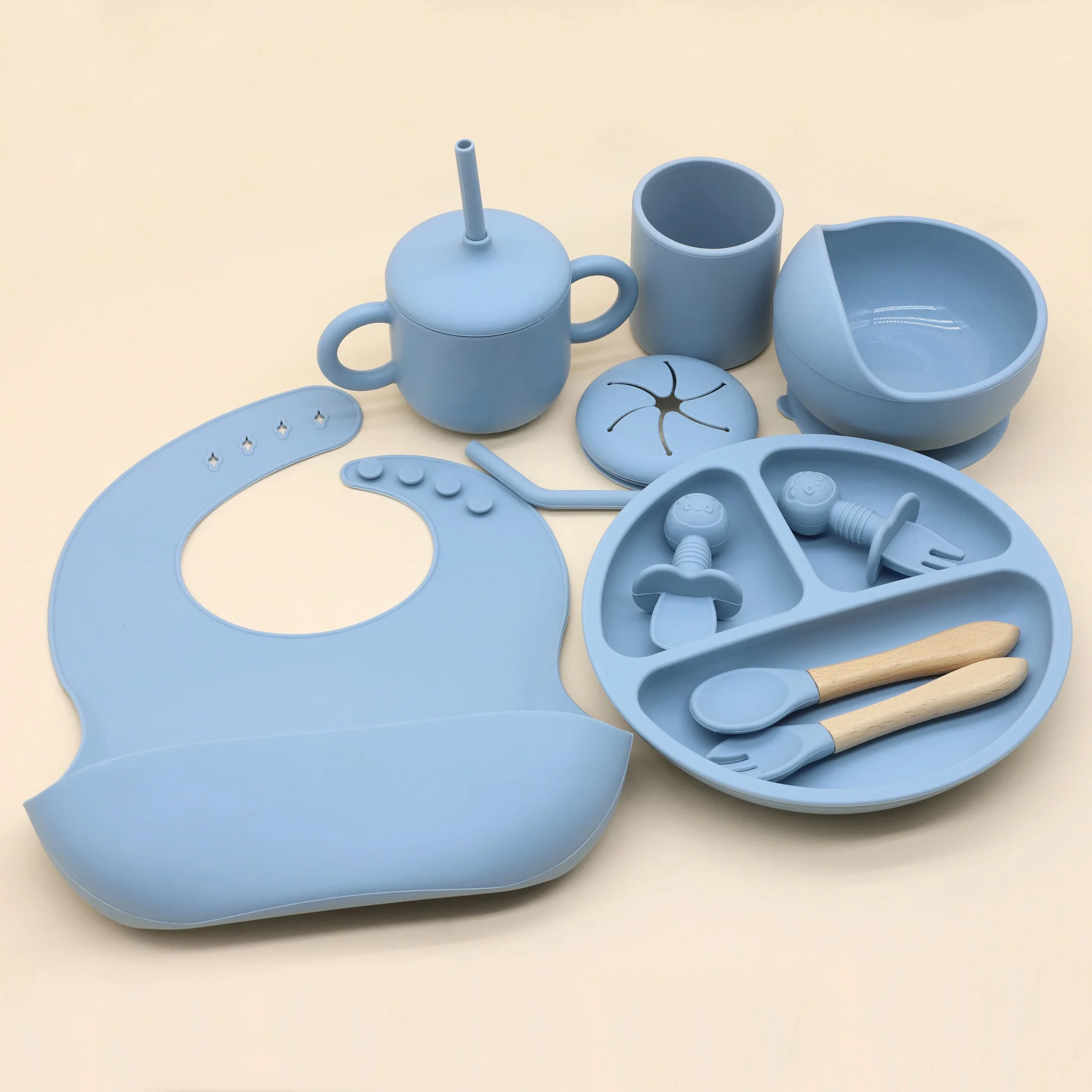 

New food grade silicone tableware 11 piece set with bib, plate, bowl, straw, spoon, fork, snack cup