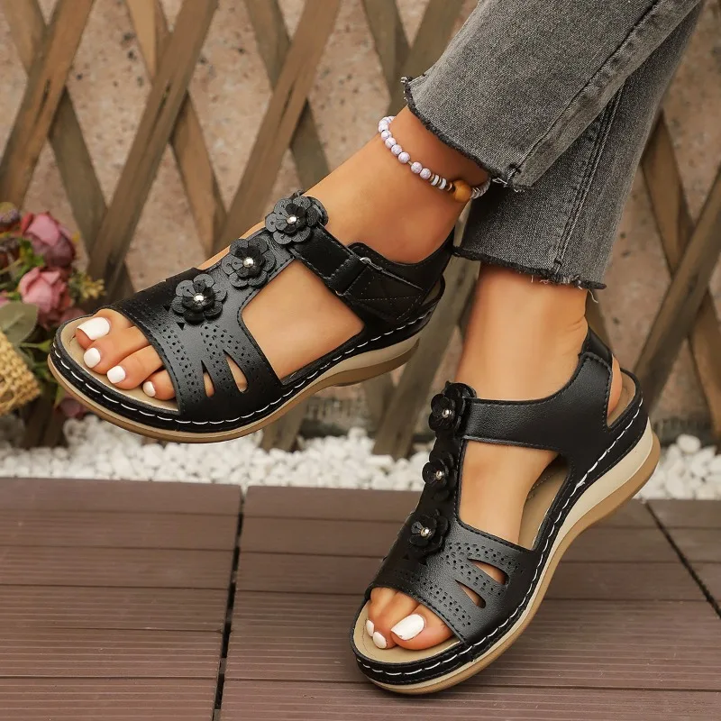 

Summer Sandals Women New Flower Wedge Platform Orthopedic Shoes Retro Casual Comfort Peeping Toes