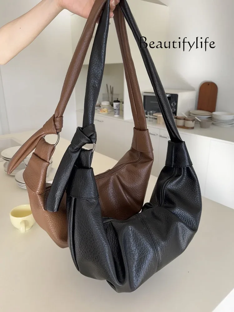 Korean retro soft leather pleated dumpling bag casual versatile shoulder messenger bag lazy croissant bag