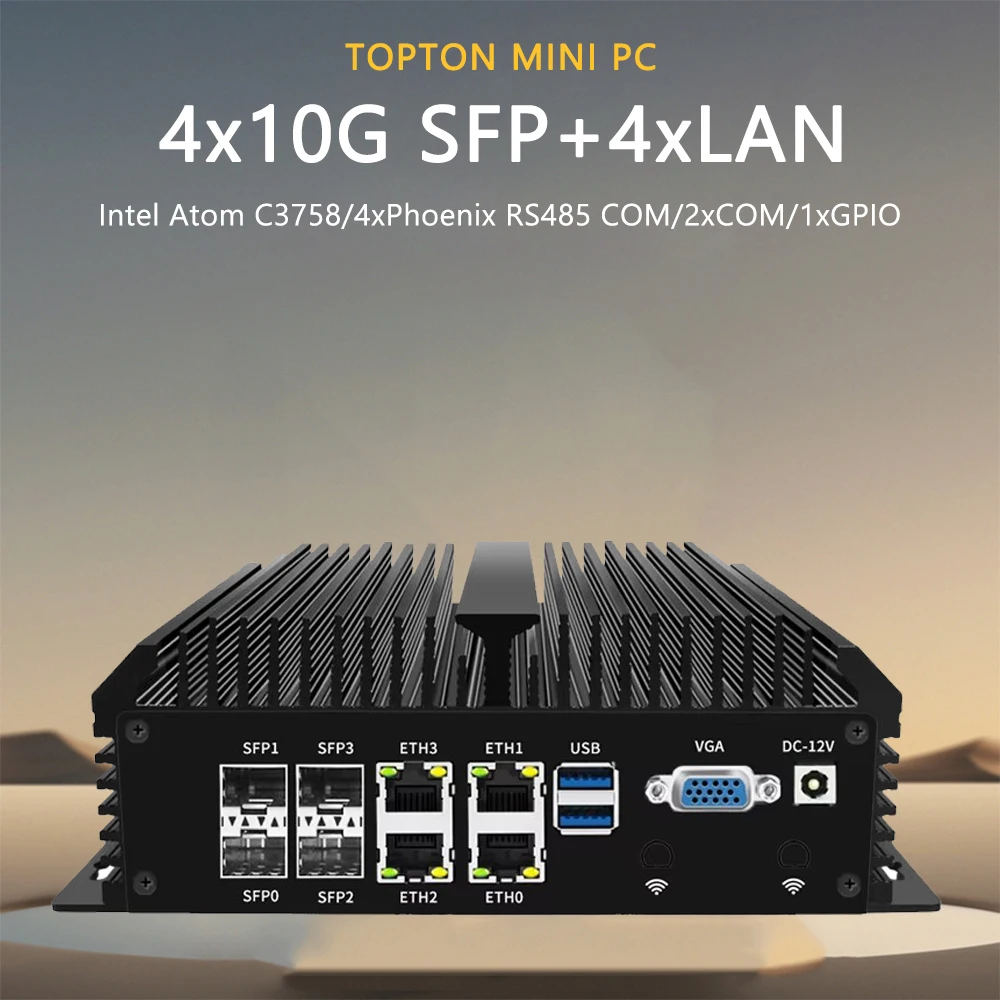 Solid Fanless Firewall 4x10G SFP+ 4xi226-V 2.5G LAN Intel Atom C3758 8 Core Home Server Soft Router Mini PC GPIO 6*COM AES-NI