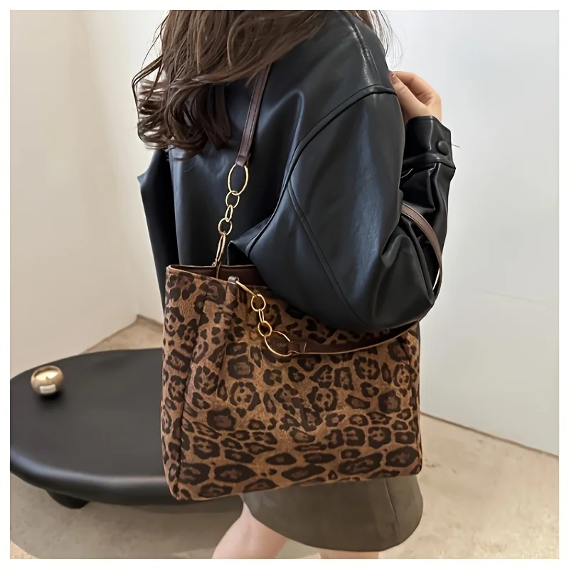 Vintage Leopard Print Handbag Stylish Brown PU Tote Shoulder Bag, Perfect for Women Shopping, Commuting, Office, College, Travel image 4