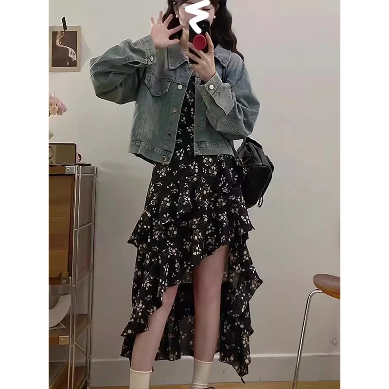 Primavera Estate Nuovo sciolto ort Denim Jaet con cinturino asimmetrico floreale Ele Dr Set da due pezzi Pendolarismo Sle Midi Dr