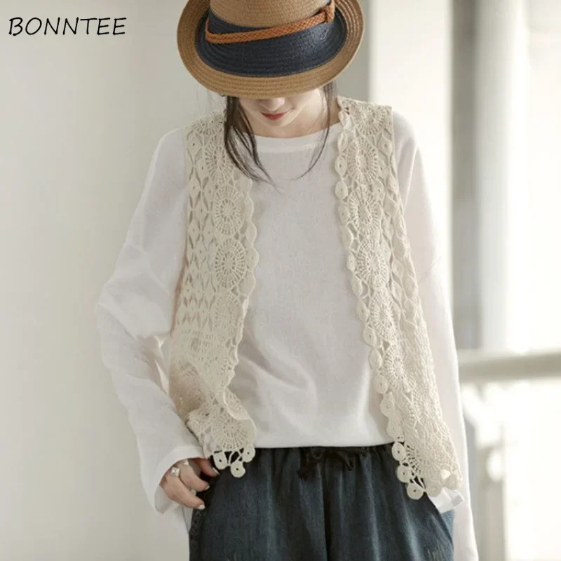 Cardigan Women Solid Hollow Out Special Attractive Vintage All-match Cozy Basics Korean Style Simple Daily Spring Creativity New