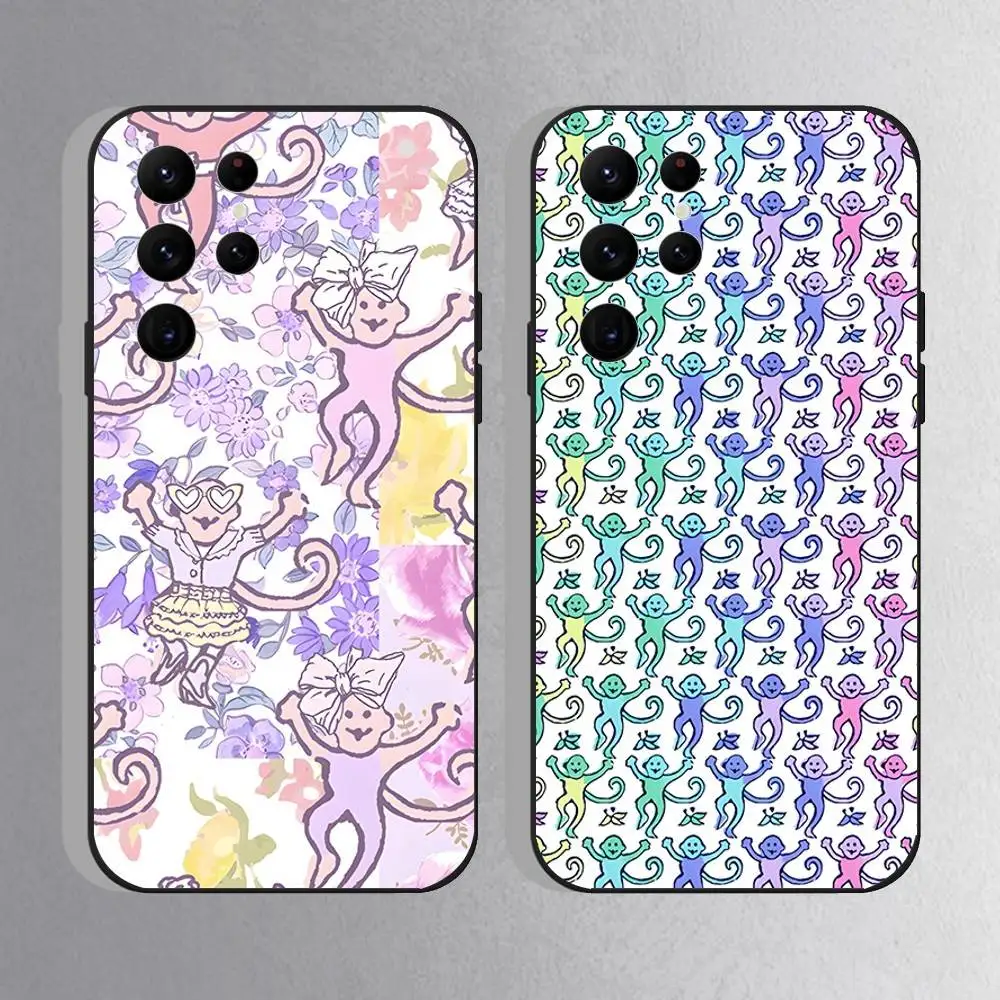 Preppy Blue Monkeys Pattern Phone Case For Samsung S10,S21,FE,S21 ,S26,S25,S24,S23,Ultra,S9,S22,Plus Black Shell Cover