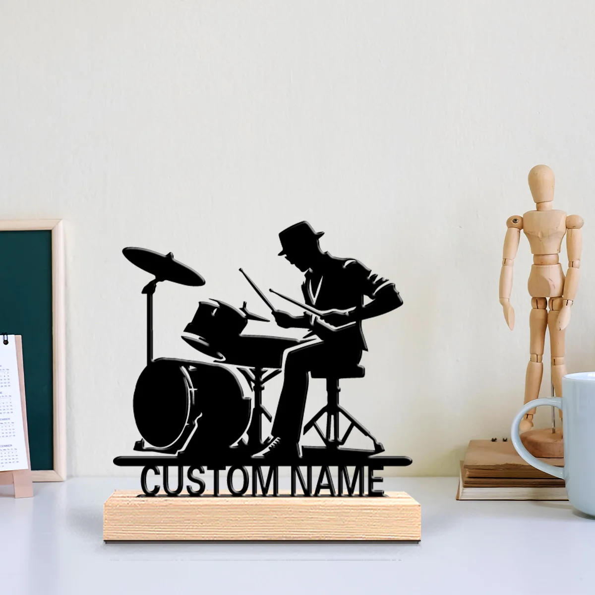 1pc Beat the drum Customizable Letter Metal Statue Iron Ornament Handicraft With Wood Base Iron Ornament For Bedroom Desk Decor