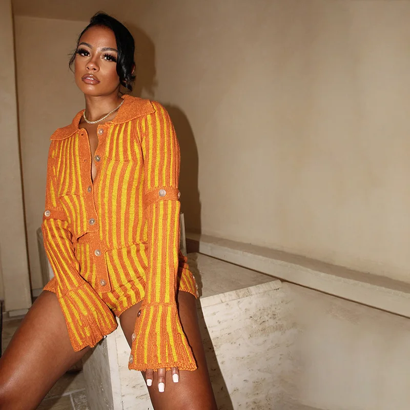 Autumn And Winter New Women's Clothing Fashion Long-sleeved Single-breasted Design T-shirt Striped Shorts Suit Women