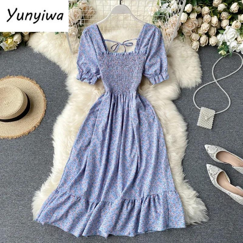 

French Style Romantic Flower Print Party Dress Women Elegant Ruched High Waist Women Summer Dress Street Ladies Dresses