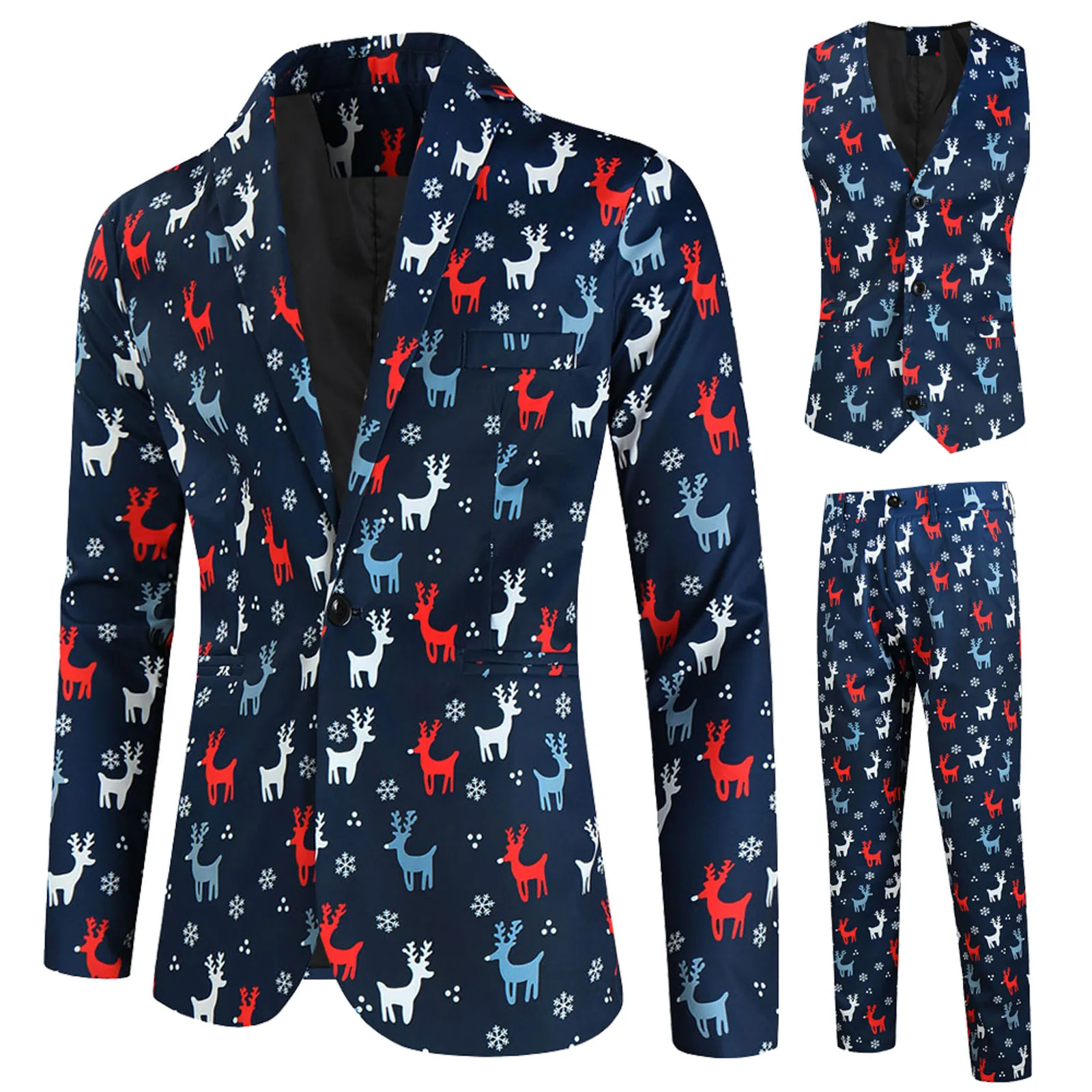 3PC Men\'s Christmas Suit Set Santa Printed Lapel Warm Winter Fashion Button Coat Blazer Casual Loose Jacket Vest Pants