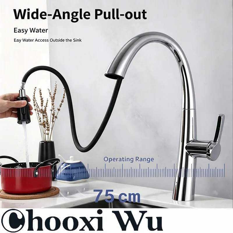 Bathroom fixtures, dual-outlet pull-down vegetable washing basin faucet, sink faucet, engineering project, large elbow, mixing f
