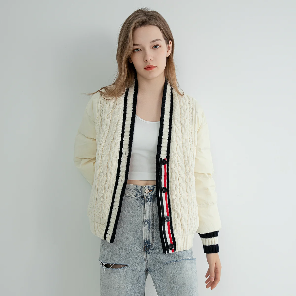 TC625 High quality luxury brand women's wool patchwork white goose down jacket