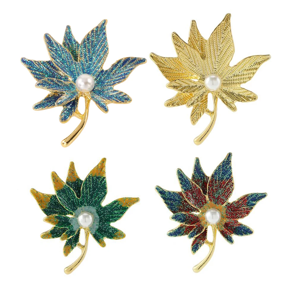 4Pcs/Set Pretty Maple Leaves Glitter Enamel Lapel Pins Golden Double Petal Maple Leaf Brooches For Dress Cloth Jewelry