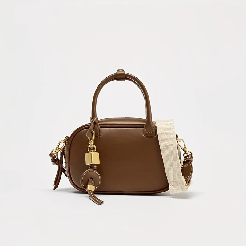 TAS MINI TOPSTITCHED, Tas Selempang Vintage Wanita Tali Lebar, Tas Tangan Desain Mewah Wanita, Tas Bahu Kecil Warna Solid
