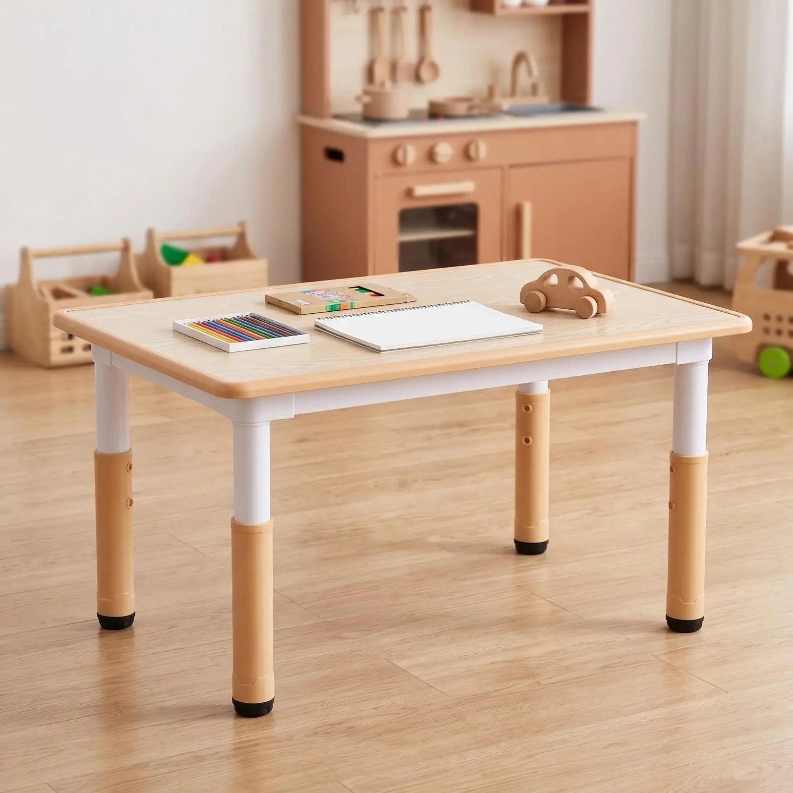 Kids Desk Height Adjustable Study Table for Children with Light Wood Top Sturdy Frame for Bedroom