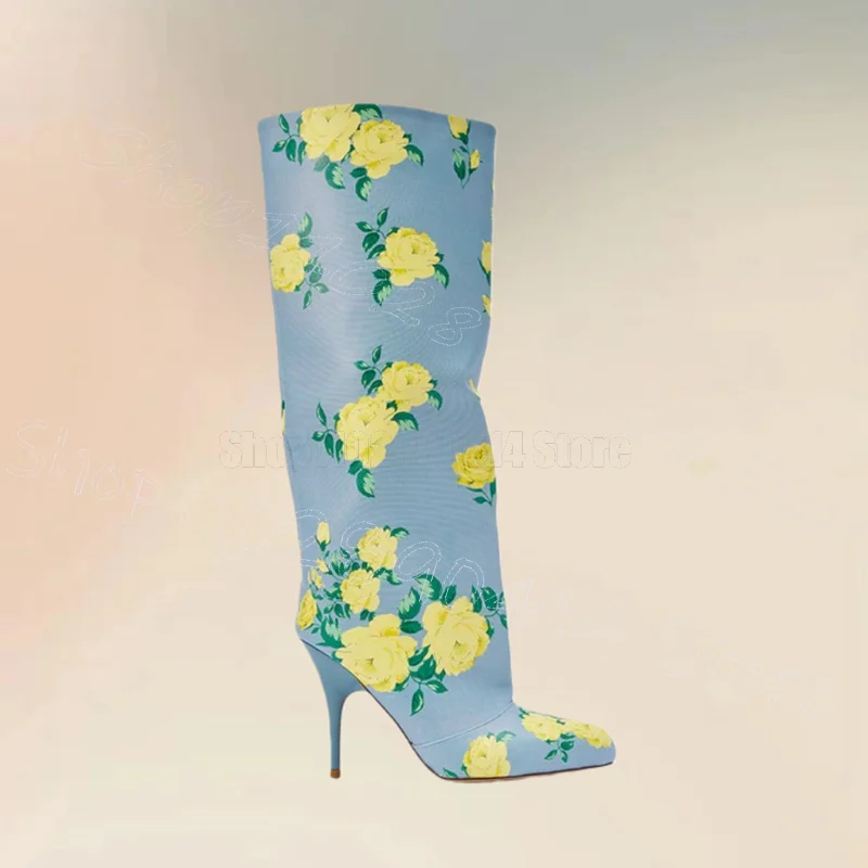 

Floral Print Blue Pointed Toe Knee High Boots Side Zipper Women Shoes Thin High Heels New Party Banquet 2026 Zapatos Para Mujere