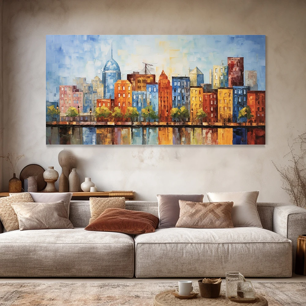 Hand Painted Oil Painting Urban Skyline Oil Painting Blue Orange Cityscape Textured Knife Art Urban Riverside Architecture Decor