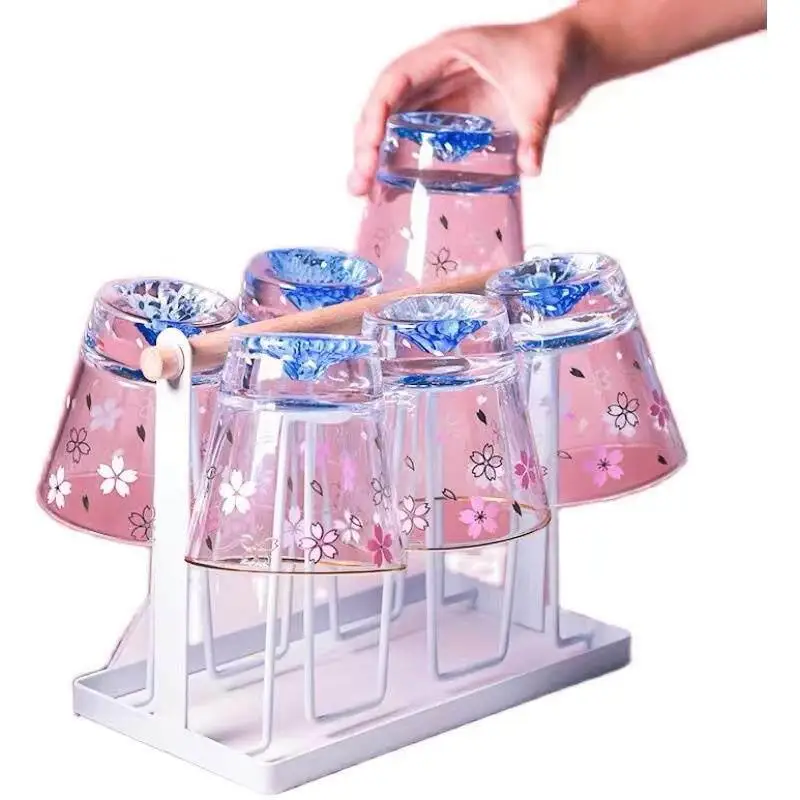 Antibacterial Glass Cup with Whiskey Fuji Mountain Sakura Design Home Use Cold Drink Cup  Shape Single Layer Cup
