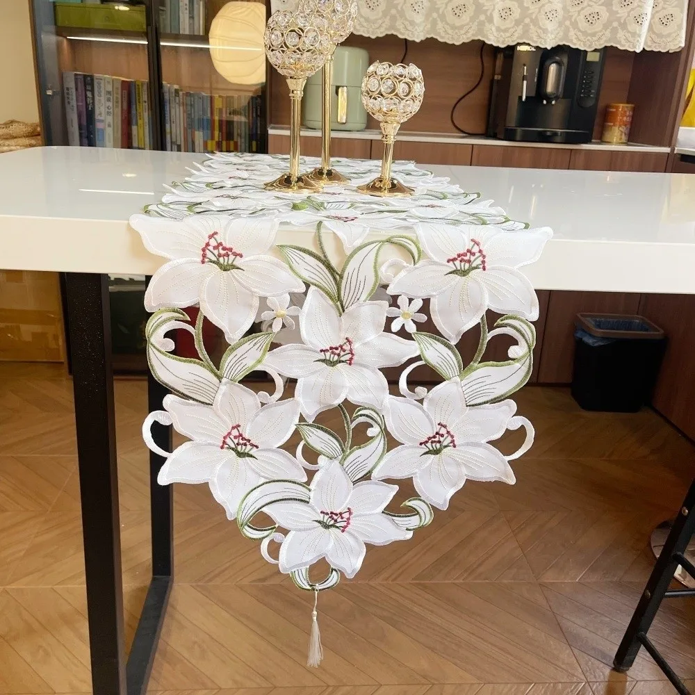 Long Strip Embroidered Table Runner Hollow Design with Tassel Tablecloth European Style Flower Table Mat Holiday Party