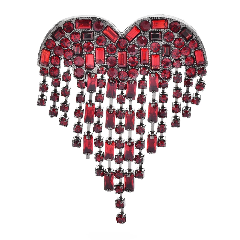 Wuli&baby Red Tassel Heart Brooches For Women Unisex Rhinestone Shinning Love All-match Party Office Brooch Pins Gifts