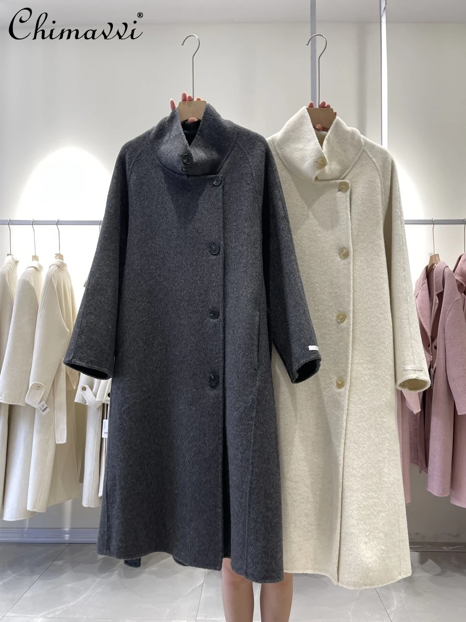 Autumn Winter High-end Pink Double-sided Camel Wool Coat Women's Fashion Stand-up Collar Lace-up Loose Mid-length Woolen Coat