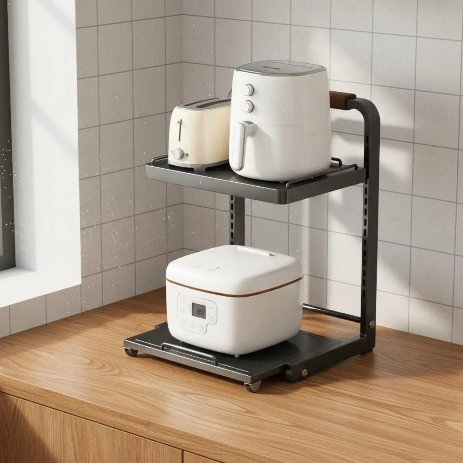 Rice Cooker Air Fryer Rack 2-Tier Pull-out Kitchen Shelf Non-Slip Feet Adjustable Appliance Storage Rack