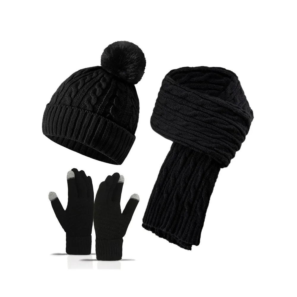 3Pcs/Set Warm Winter Hat Scarf Gloves Set Thicken Windproof Scarf Neck Warmer Suit Elastic Soft Touchscreen Gloves for Men Women