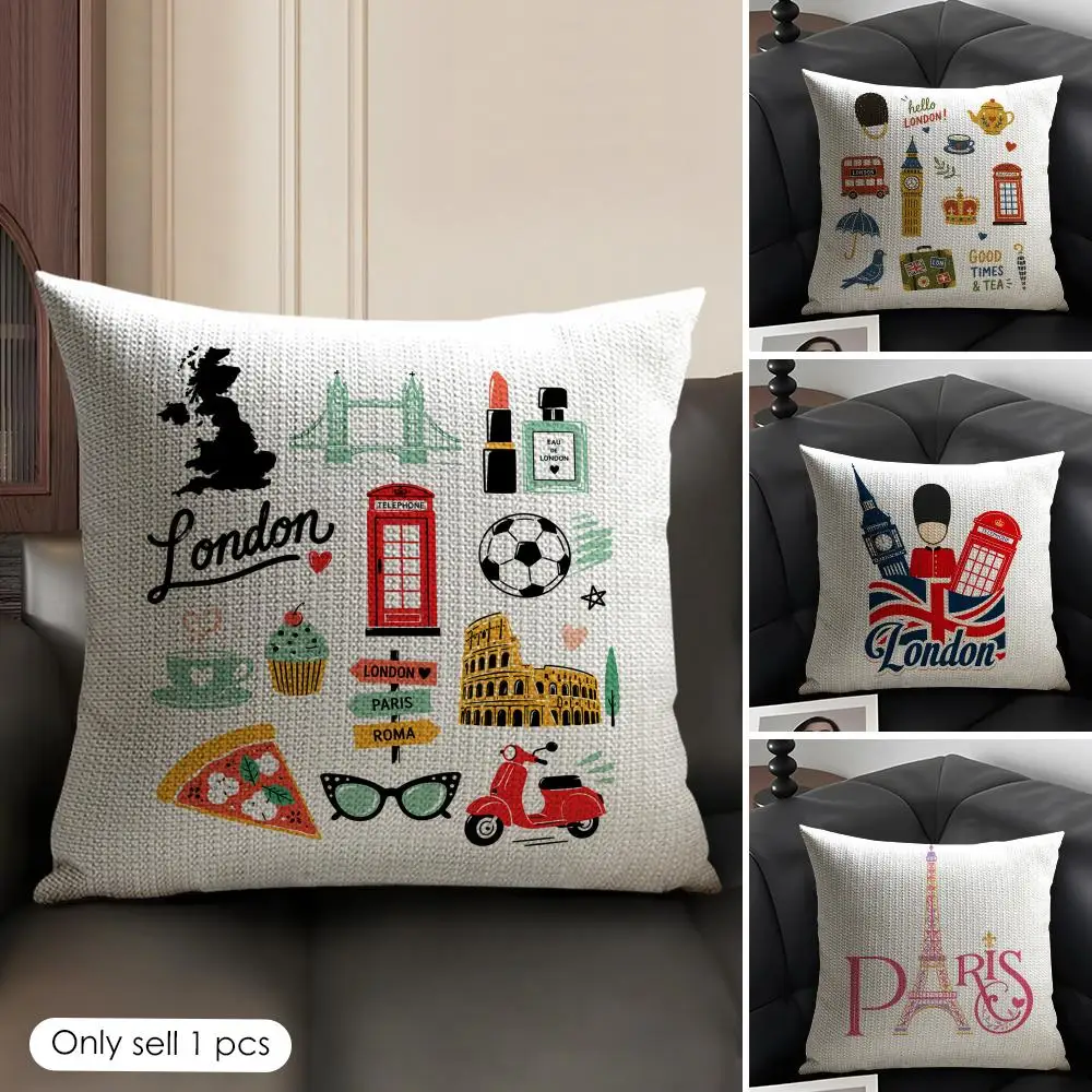 London UK Paris Cushion Cover Linen Organic Fabric Double-Sided Printing Sofa Breathable Home Decor Gift Pillow Case