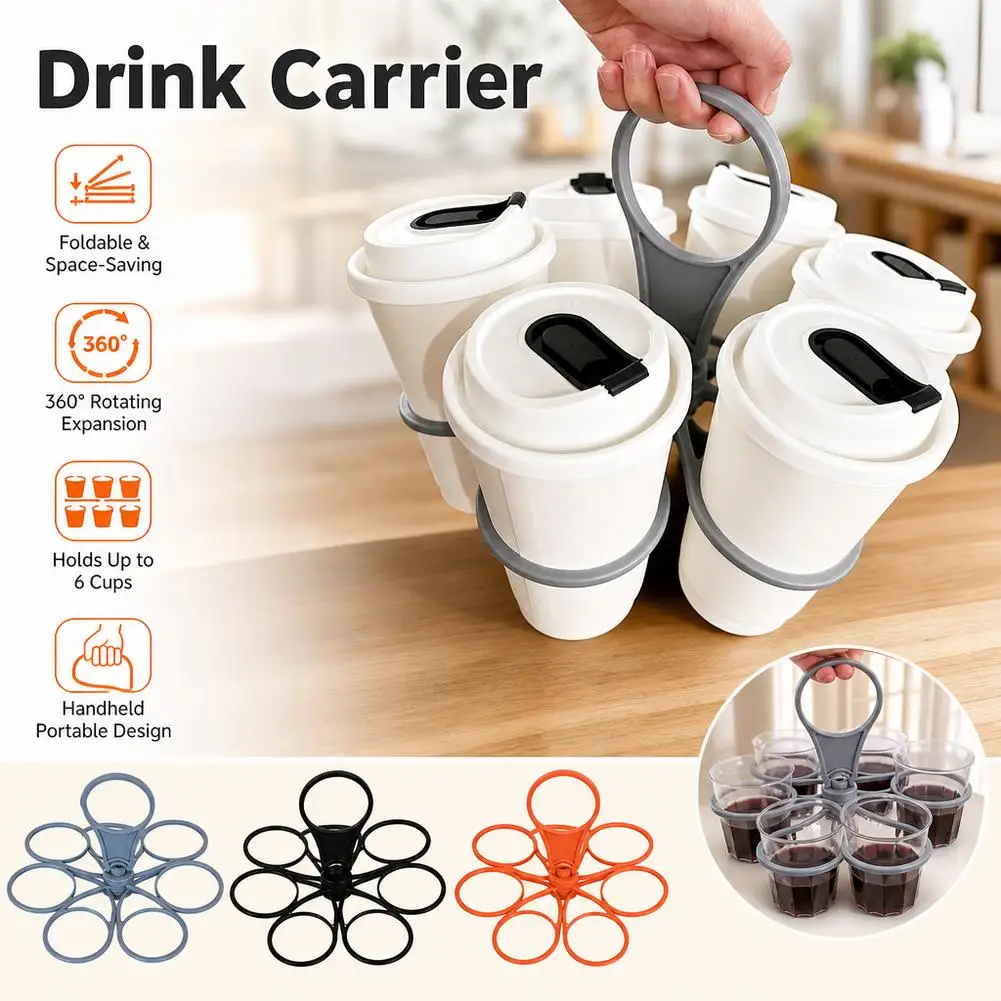 6-Cup Foldable Beverage Carrier Portable Drink Holder For Office Coffee Delivery Picnic Party Stable Reusable Cup Tray Organizer