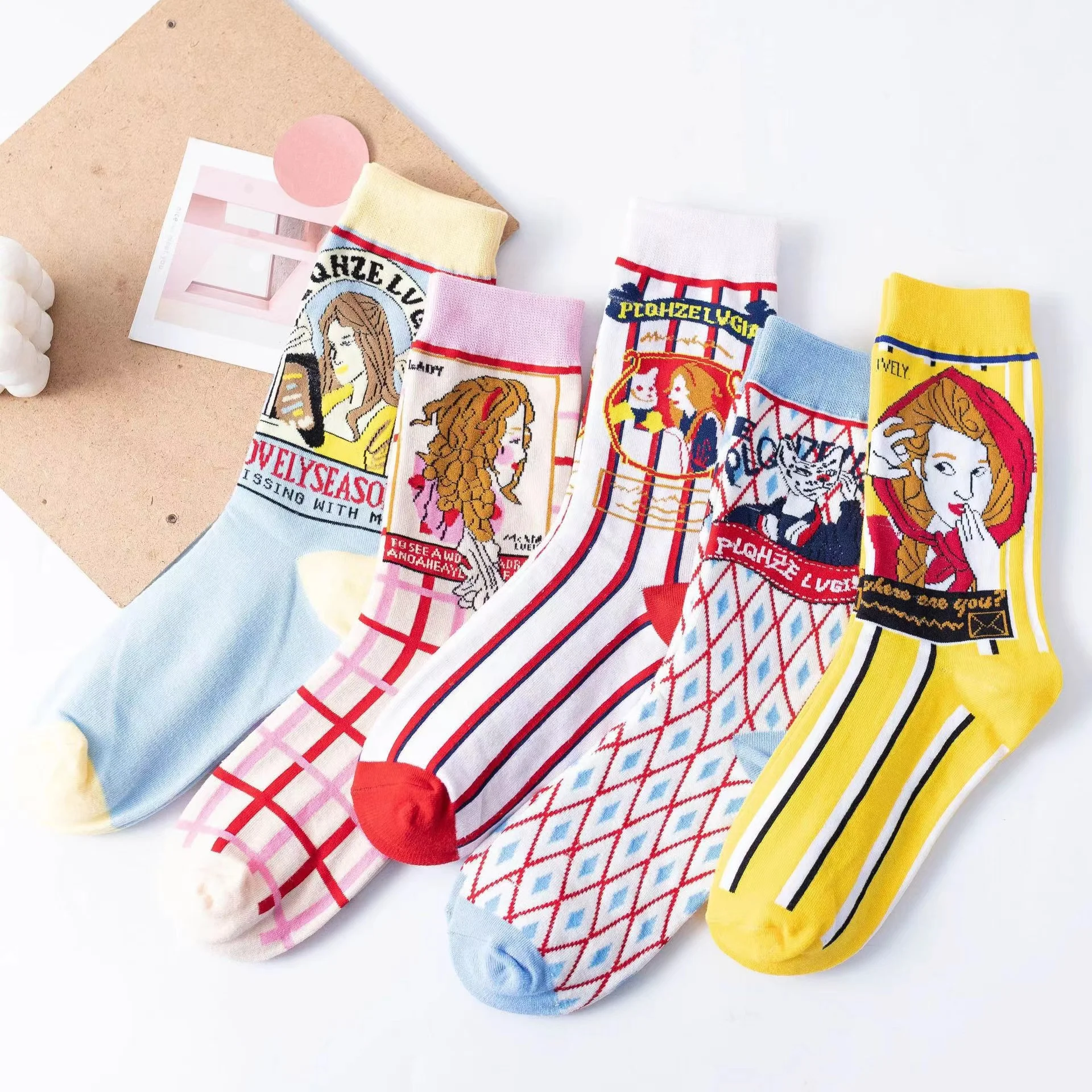 5Pairs Women Socks With Print Cartoon Cotton Comfortable Socks For Ladies Middle Tube Socks