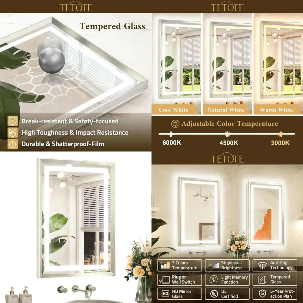 مرآة زينة LED مقاس 30 × 22 مع إطار من النيكل المصقول، وإضاءة أمامية/خلفية، ومضادة للضباب، وإضاءة قابلة للتعتيم بثلاثة ألوان، مثبتة على الحائط #1