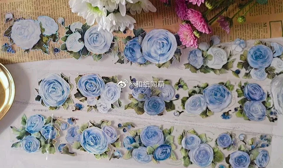 

10m Greeting Blue Rose Flower Laser Silver Adhesive Tape Shiny PET Tape