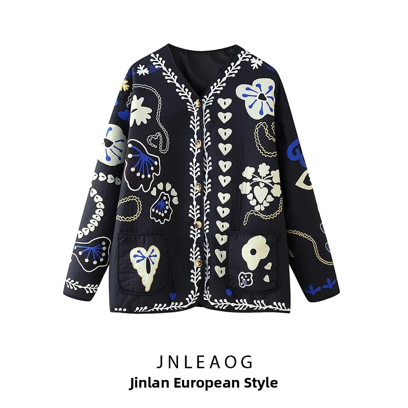 JNLEAOG Jesienna Nowa Damska Modna Casualowa Kurtka Bawełniana z Nadrukiem, Uniwersalna, Długa, z Dekoltem w Serek, Zapinana na Jeden Guzik, Streetwear