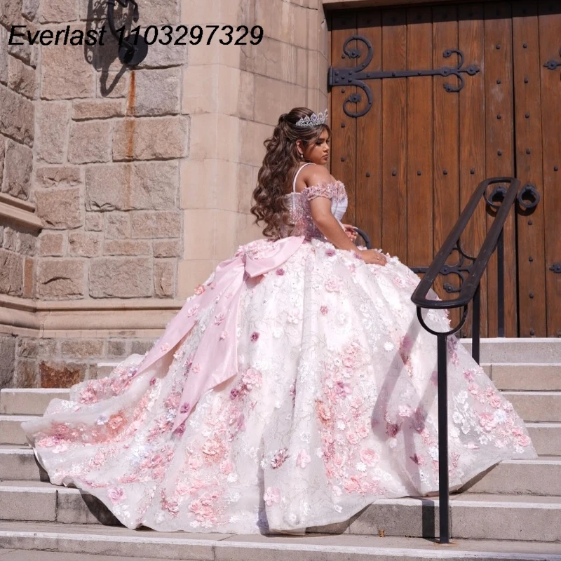 EVLAST Customized Mexican Pink Quinceanera Dress Ball Gown Flowers Lace Applique Beaded Bow Sweet 16 Vestidos De 15 Anos TQD769